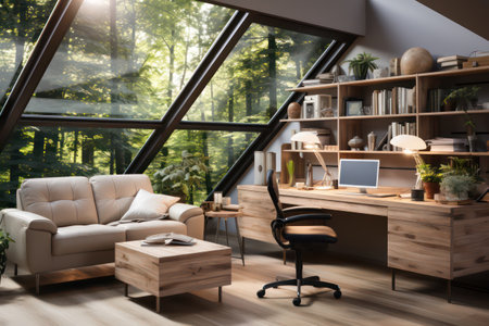 Interior of attic office with wooden furniture and window. 3d renderingの素材