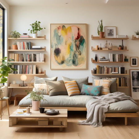 interior of modern living room with sofa, bookshelf and paintingsの素材