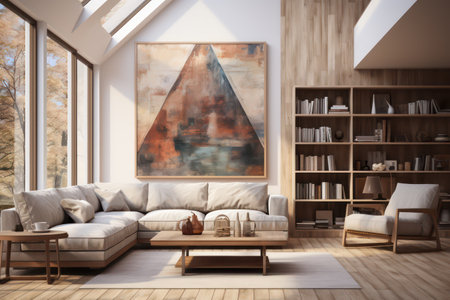 Interior of modern living room with white walls, wooden floor, comfortable sofa and bookcase with books. 3d renderingの素材