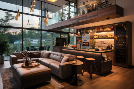 Interior design of modern living room with brown leather sofa and coffee table.の素材