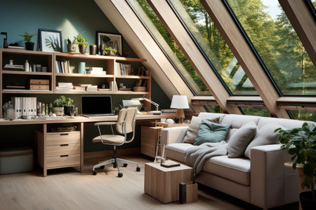 Interior of modern living room with wooden furniture and window. 3d renderingの素材