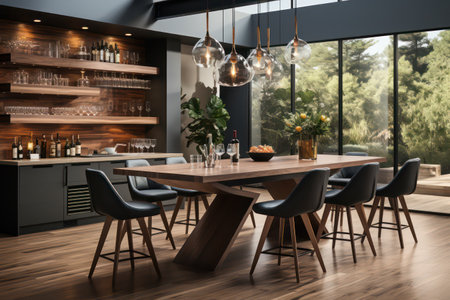 Wooden dining table and chairs in modern cafe interior. 3d renderingの素材