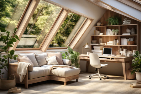 Interior of modern living room with wooden furniture and window with countryside viewの素材