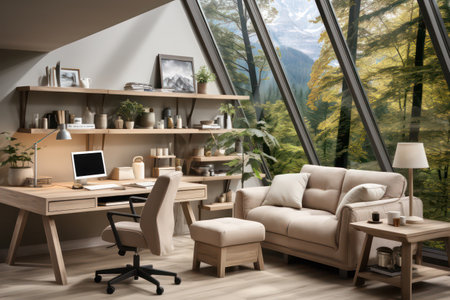 Interior of modern living room with wooden furniture and window with mountain viewの素材