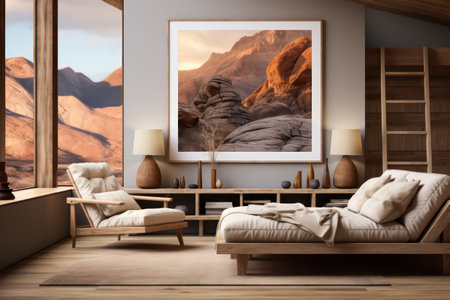 Contemporary living room interior design with wooden furniture, carpet on the floor, 3d renderの素材