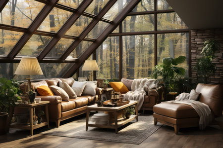 Interior of a modern living room with a large window overlooking the gardenの素材