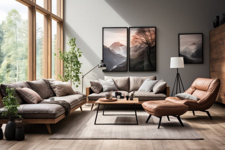 Interior of modern living room with gray walls, wooden floor, comfortable brown sofas and coffee table. 3d renderingの素材