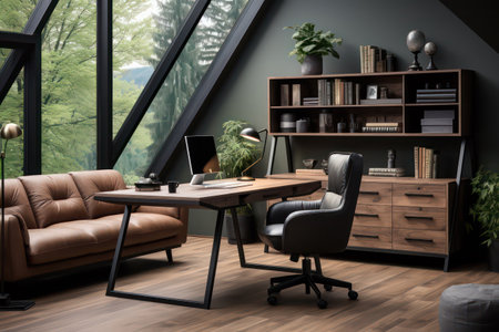 Interior of modern living room with wooden floor, brown leather armchair, coffee table and bookshelf. 3d renderの素材