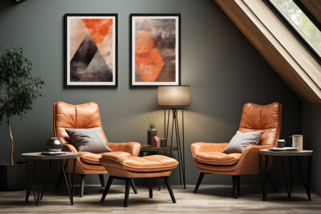 Living room interior with armchairs, coffee table and posters on wall. 3D Renderingの素材
