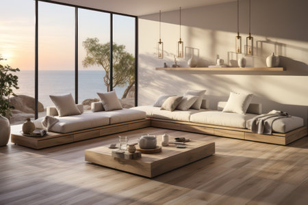 Modern interior of living room with sea view. 3D Renderingの素材