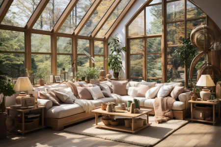 Interior design of modern living room with window, sofa and armchairの素材
