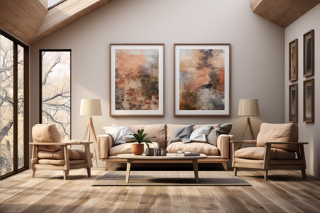 Modern living room interior with beige walls, wooden floor, brown sofa and armchairs. 3d renderの素材