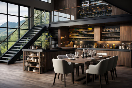 Luxury restaurant interior with black walls, wooden floor, long wooden table with chairs and white chairs. 3d renderingの素材