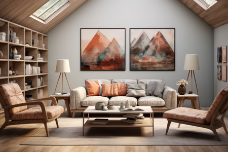 Interior of modern living room with gray walls, wooden floor, brown sofa, coffee table and bookshelves. 3d renderingの素材