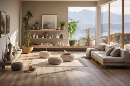 Interior of modern living room with sea view, wooden floor and sofaの素材