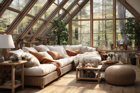 Interior of the living room with a large window. 3d renderingの素材