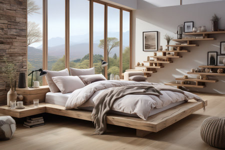 Interior of modern bedroom with wooden bed. 3D Renderingの素材
