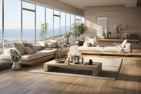 Interior of modern living room with sea view, 3d renderの素材