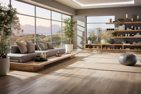 Interior of modern living room with wooden floor, sofa and armchairの素材
