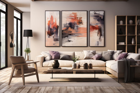 Interior of modern living room with brown sofa, coffee table and paintings on wall. 3d renderの素材