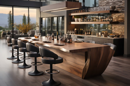 Interior of modern restaurant with wooden table and chairs. 3d renderingの素材