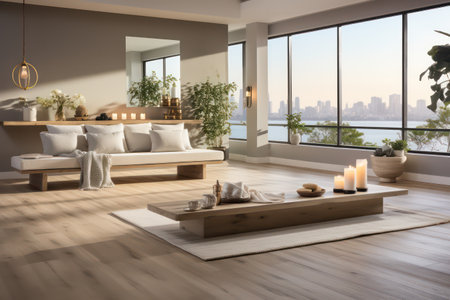 Modern living room interior design with wooden floor, sofa, coffee table and candles. 3d renderの素材