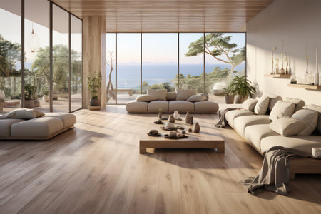 Modern living room interior design with panoramic view. 3D Renderingの素材