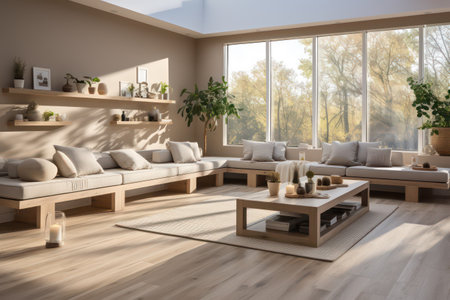 Modern living room interior design with beige sofa and coffee table. 3d renderの素材