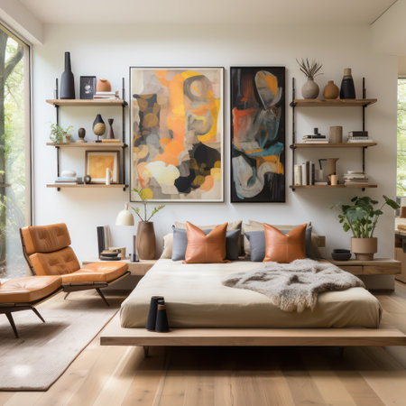interior of modern bedroom with brown sofa, bookshelf and decorationの素材