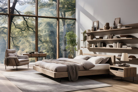 Interior of modern bedroom with white walls, wooden floor, comfortable king size bed and coffee table. 3d renderingの素材