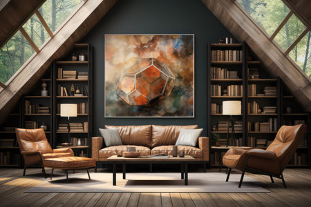 Interior of modern living room with wooden walls, wooden floor, brown armchairs and bookcase. 3d renderingの素材