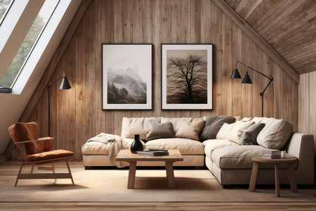 Interior of attic living room with wooden walls, wooden floor, comfortable beige sofa, coffee table and posters. 3d renderingの素材