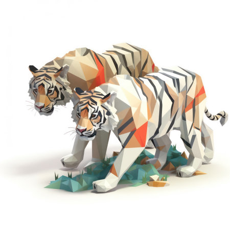 Low poly tiger on white background. 3D illustration. Polygonal style.の素材