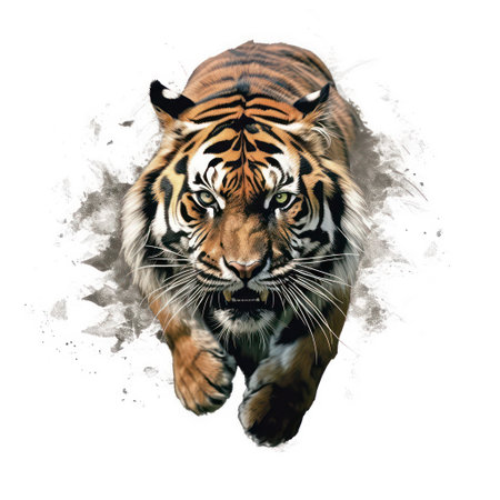 Tiger with paint splashes on a white background, digital paintingの素材