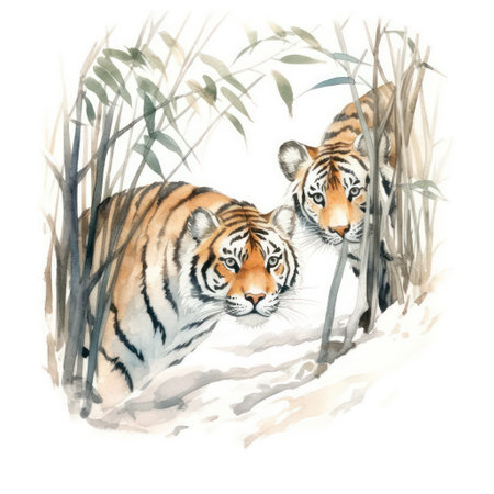 Watercolor illustration of two tigers in the snow, isolated on white backgroundの素材