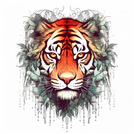 Tiger head with floral ornament. Hand-drawn vector illustration.の素材