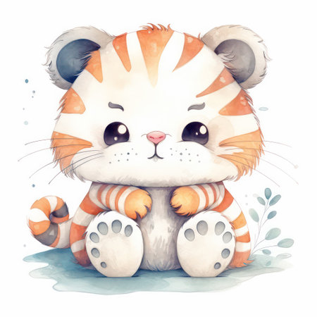 Cute cartoon tiger. Watercolor illustration isolated on white background.の素材