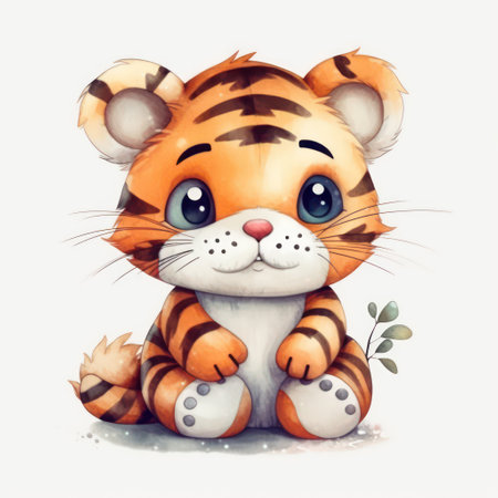 Cute cartoon tiger sitting on white background. Watercolor illustration.の素材
