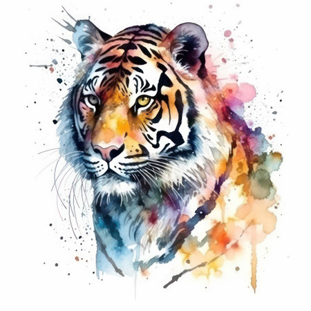 Watercolor tiger portrait. Hand drawn watercolor illustration isolated on white backgroundの素材