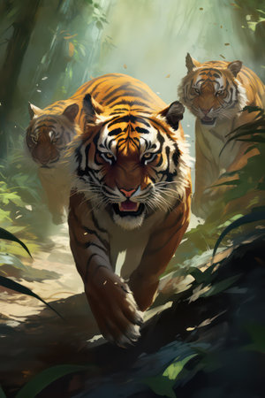 3D rendering of a tiger and its cubs in the jungleの素材