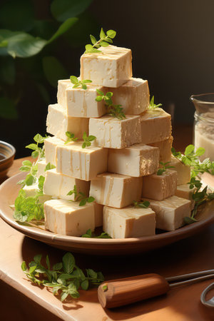 Tasty cheese cubes on plate on table, closeup. Dairy productsの素材