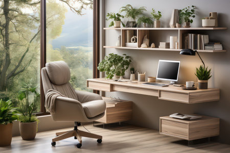Interior of modern living room with bookshelf, armchair and computer. 3d renderingの素材