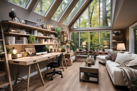 Interior of modern living room with wooden furniture and window with nature viewの素材