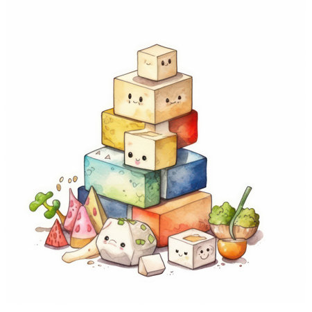 Watercolor illustration of a stack of building blocks with different shapes.の素材