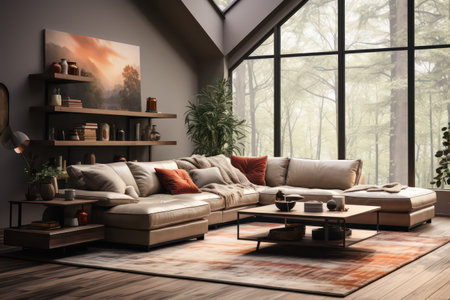 Modern interior design living room with brown sofa 3D rendering image.の素材