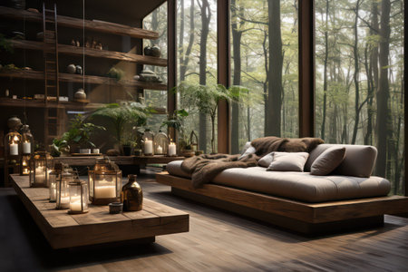 Interior of modern living room with wooden furniture, sofa and plantsの素材