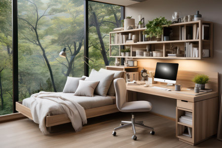 Interior of modern bedroom with wooden furniture and window view. 3d renderingの素材