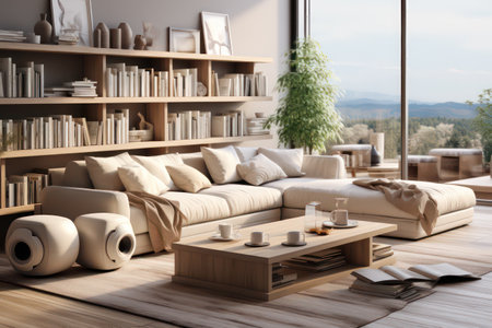 Modern living room interior with sofa, bookshelf and coffee table. 3D Renderingの素材