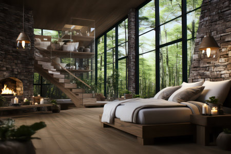 3D rendering of a modern bedroom interior in a loft style.の素材