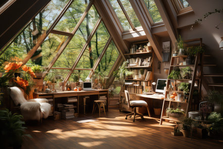 Interior design of a modern office with wooden furniture, plants and plantsの素材